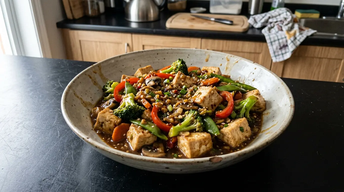 Chińskie tofu w sosie czosnkowo-imbirowym z warzywami