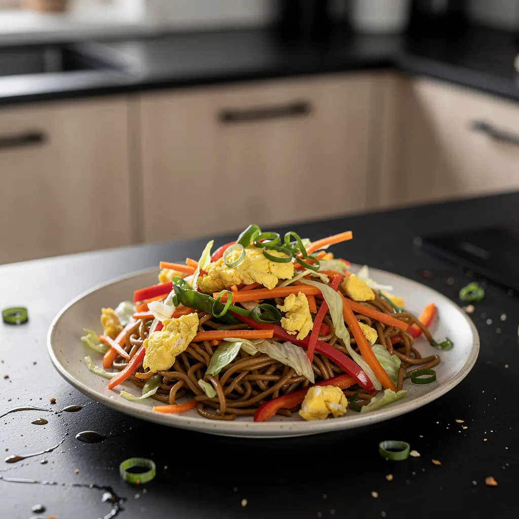 Chińskie warzywa smażone z makaronem pszennym i jajkiem