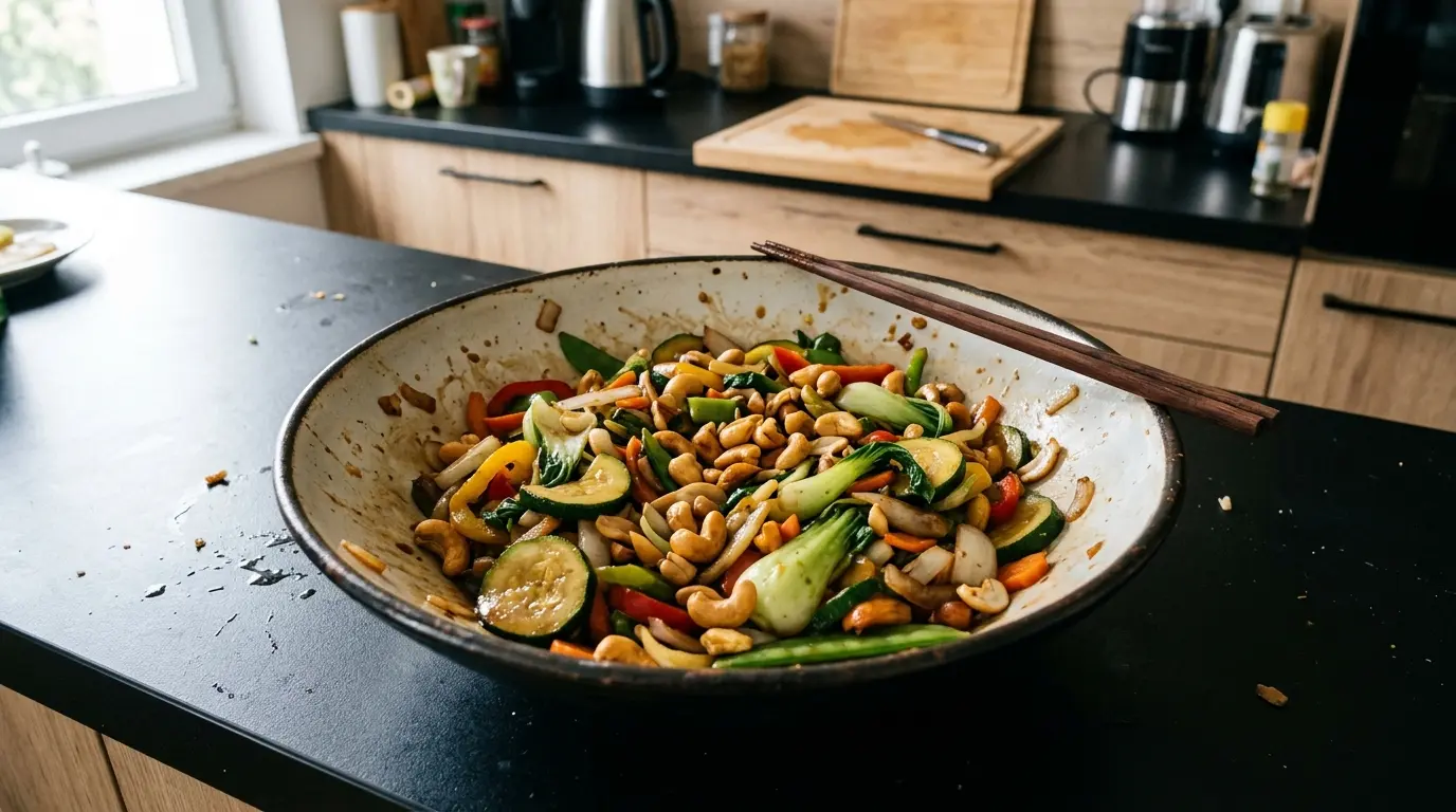 Chińskie warzywa stir-fry z orzechami nerkowca