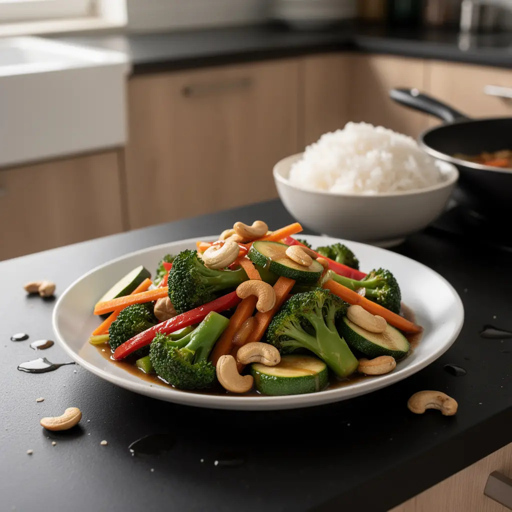 Chińskie warzywa stir-fry z orzechami nerkowca