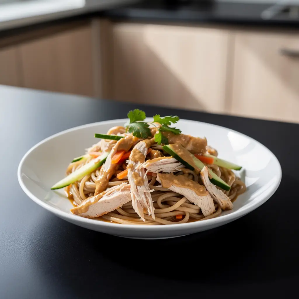 Chłodny makaron z kurczakiem i sosem z masła orzechowego