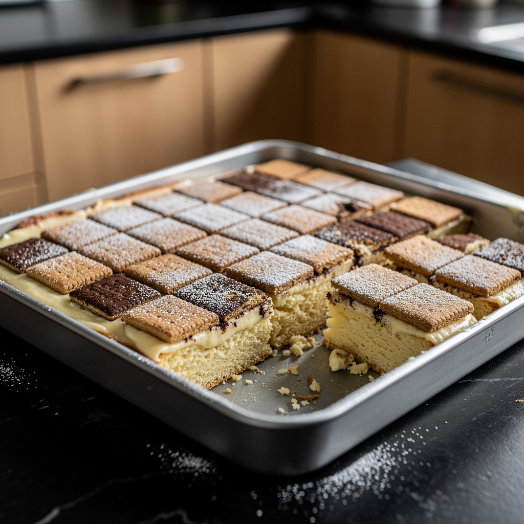 Ciasto biszkoptowe z kremem budyniowym i herbatnikami