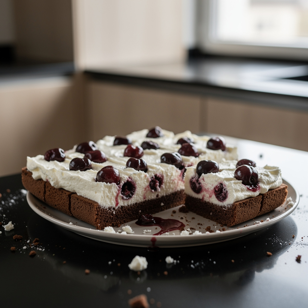 Ciasto kakaowe z kremem śmietankowym i wiśniami