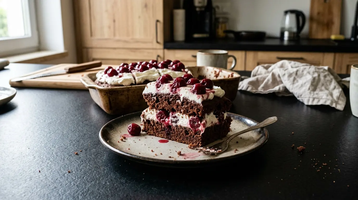 Cocoa Cake with Cream and Cherries