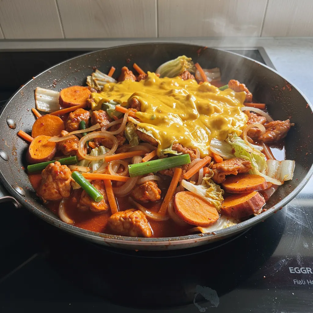 Dakgalbi – pikantny kurczak z kapustą i batatami z patelni