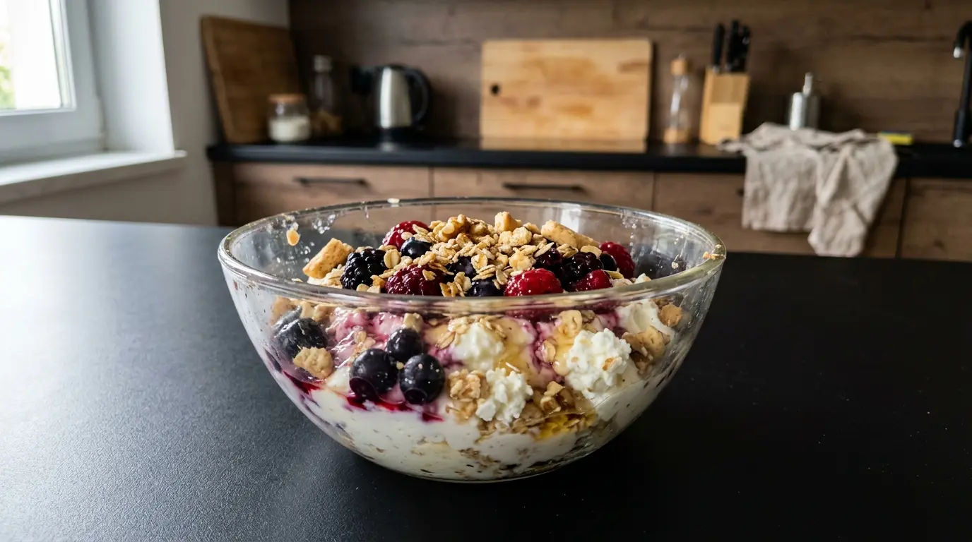 Deser jogurtowy z twarogiem, miodem i owocami leśnymi