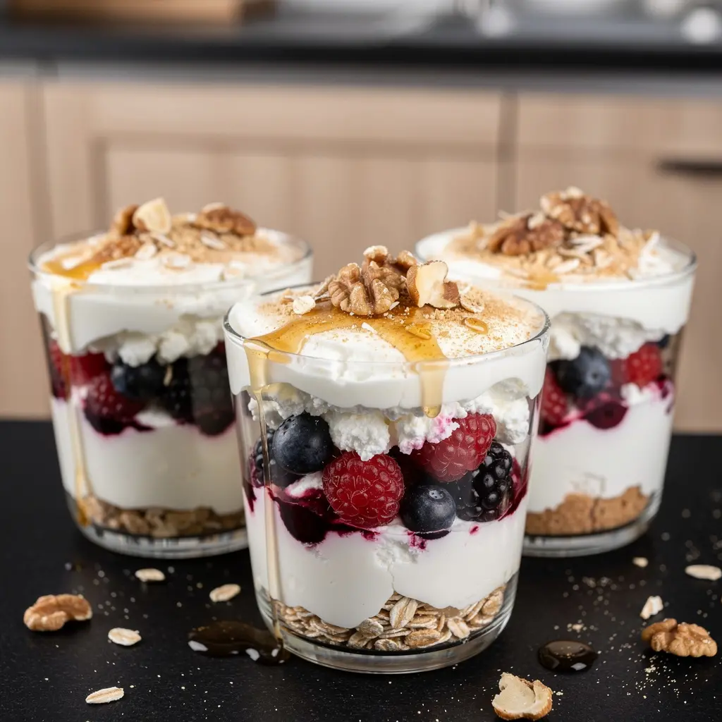 Yogurt dessert with curd cheese, honey and forest fruits