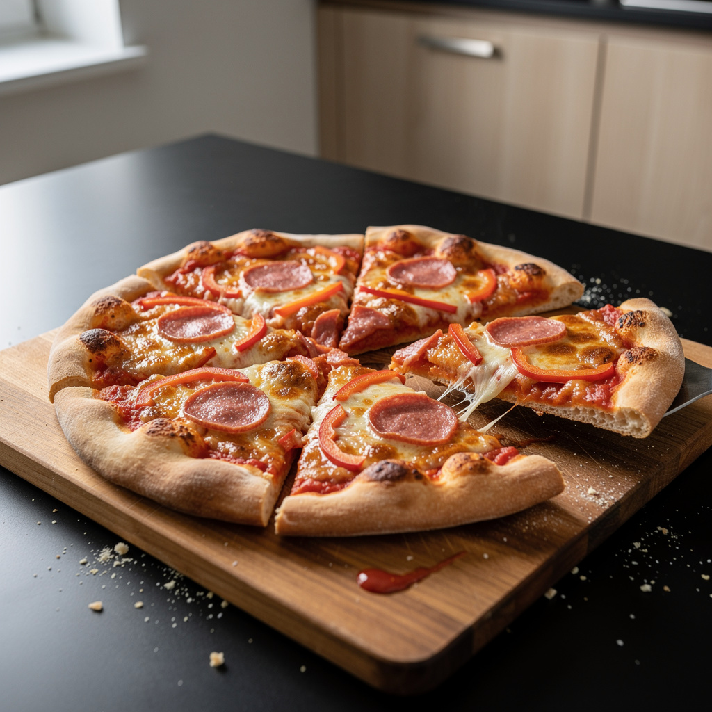 Pizza maison à la poêle façon américaine avec salami et poivron