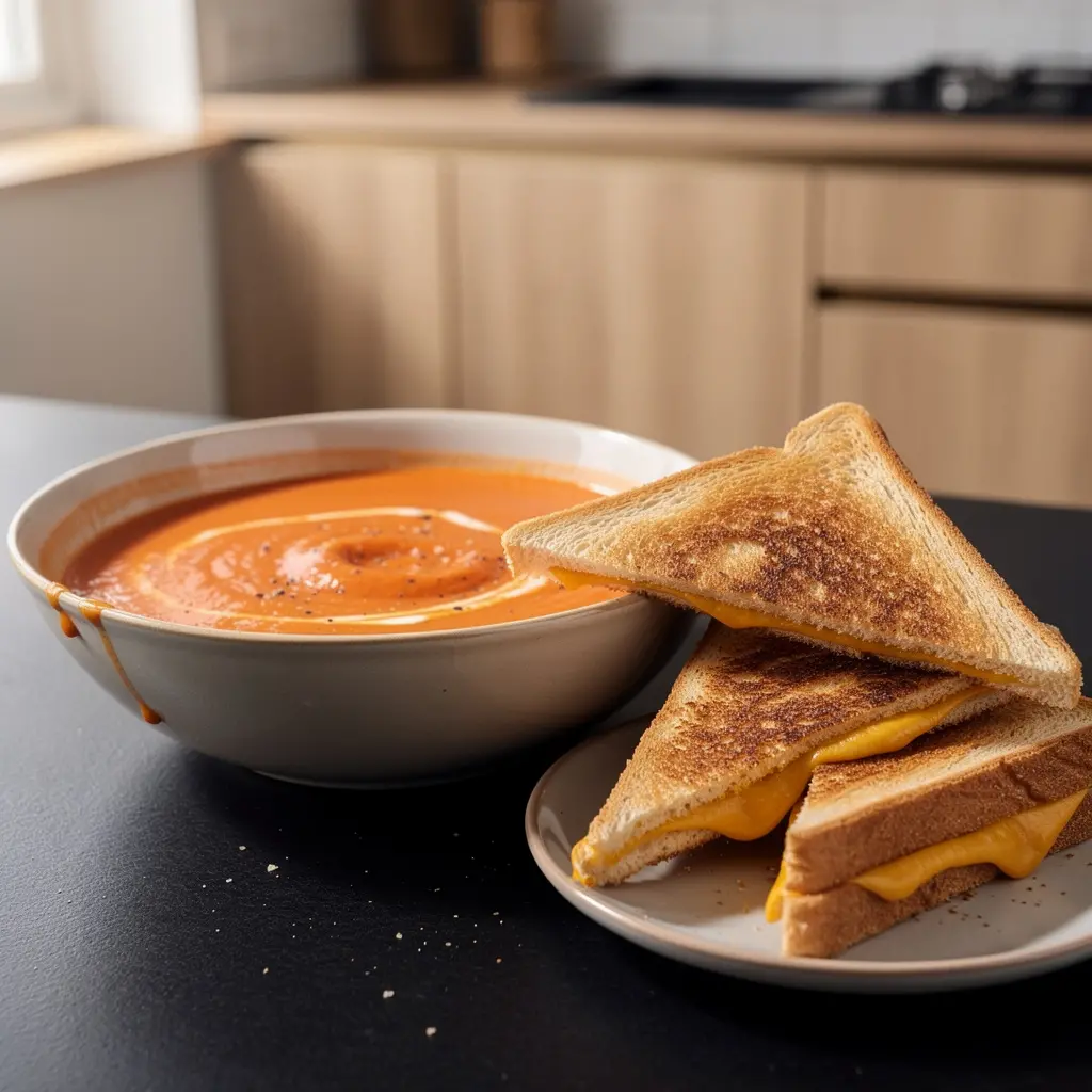 Homemade American-Style Tomato Soup with Grilled Cheese