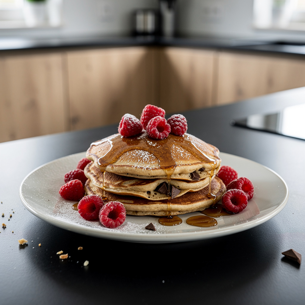 Pancakes maison au chocolat et aux framboises