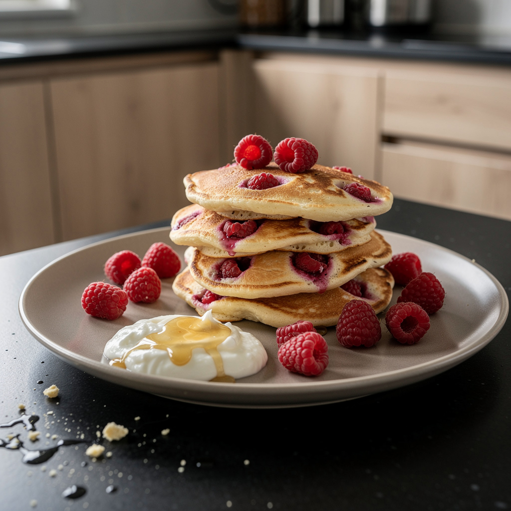 Homemade Pancakes with Cottage Cheese and Raspberries