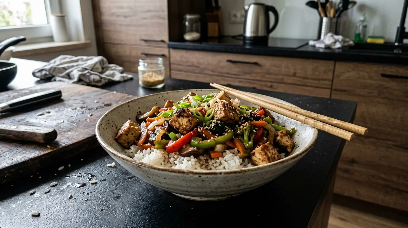 Donburi z tofu, warzywami i imbirem