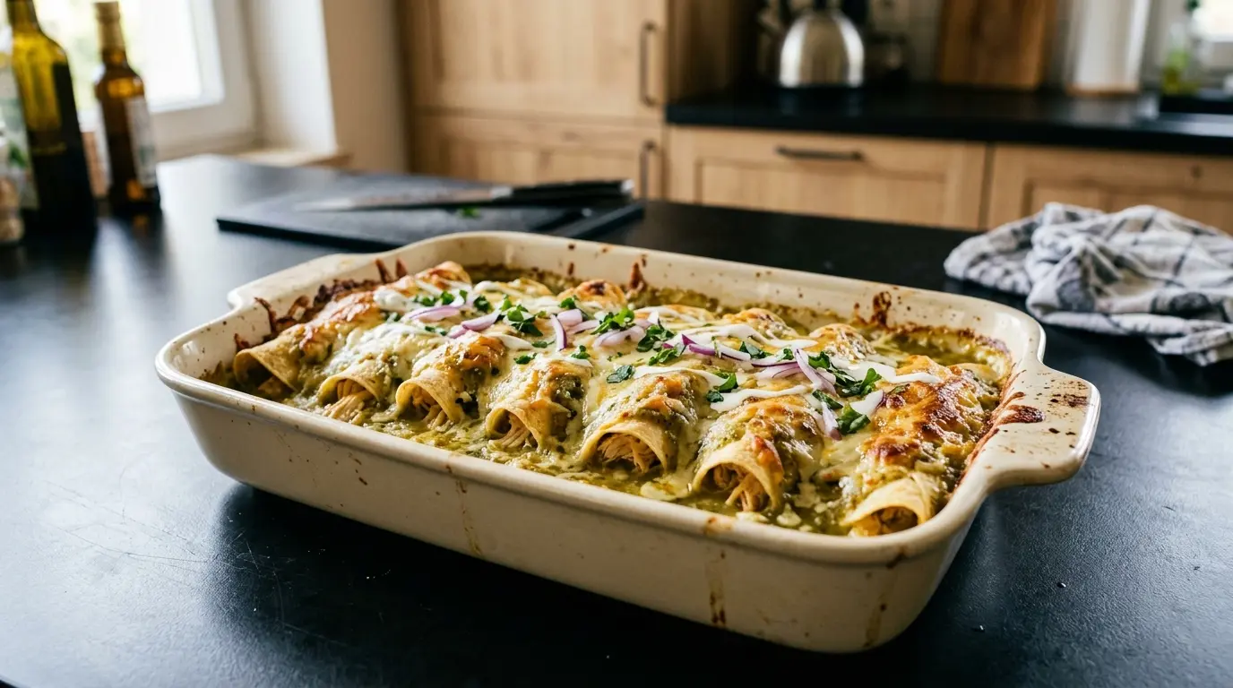 Enchiladas suizas z kurczakiem i zielonym sosem śmietanowym