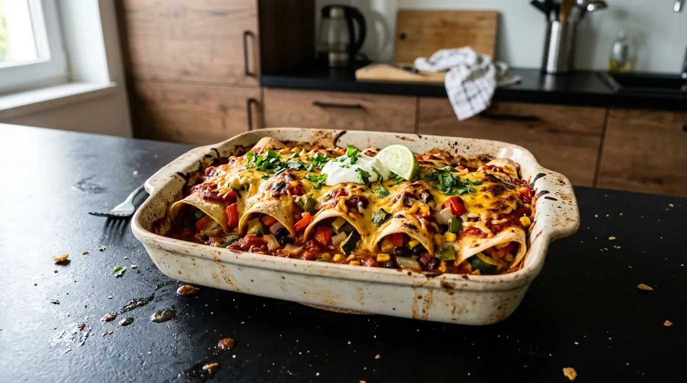 Enchiladas z warzywami i serem w sosie pomidorowym