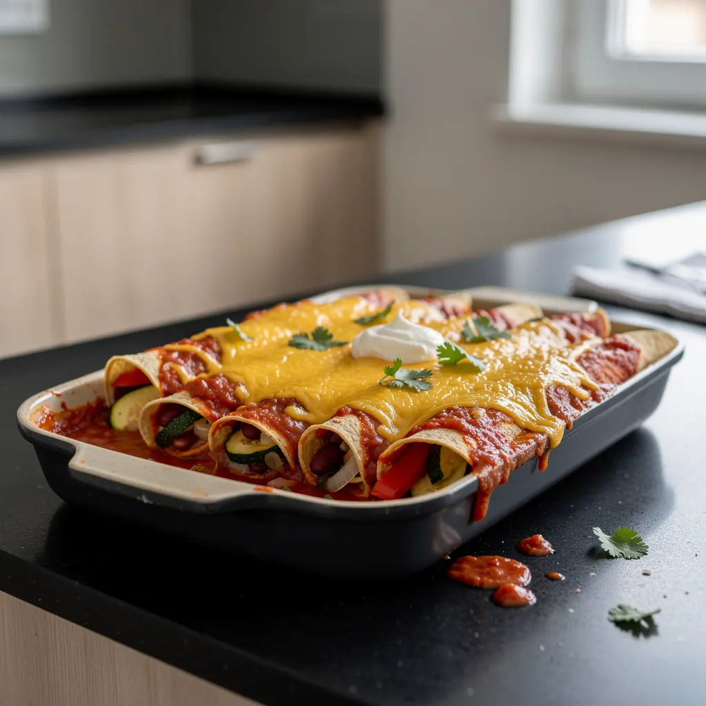 Enchiladas with Vegetables and Cheese in Tomato Sauce