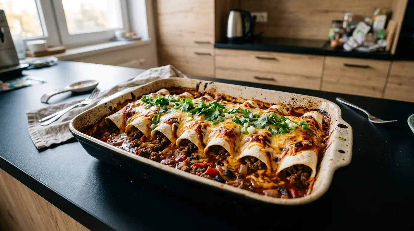 Enchiladas z wołowiną i fasolą w sosie pomidorowo-chili