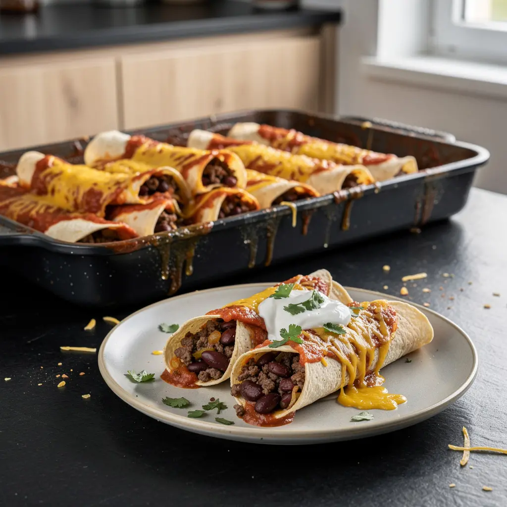 Enchiladas z wołowiną i fasolą w sosie pomidorowo-chili