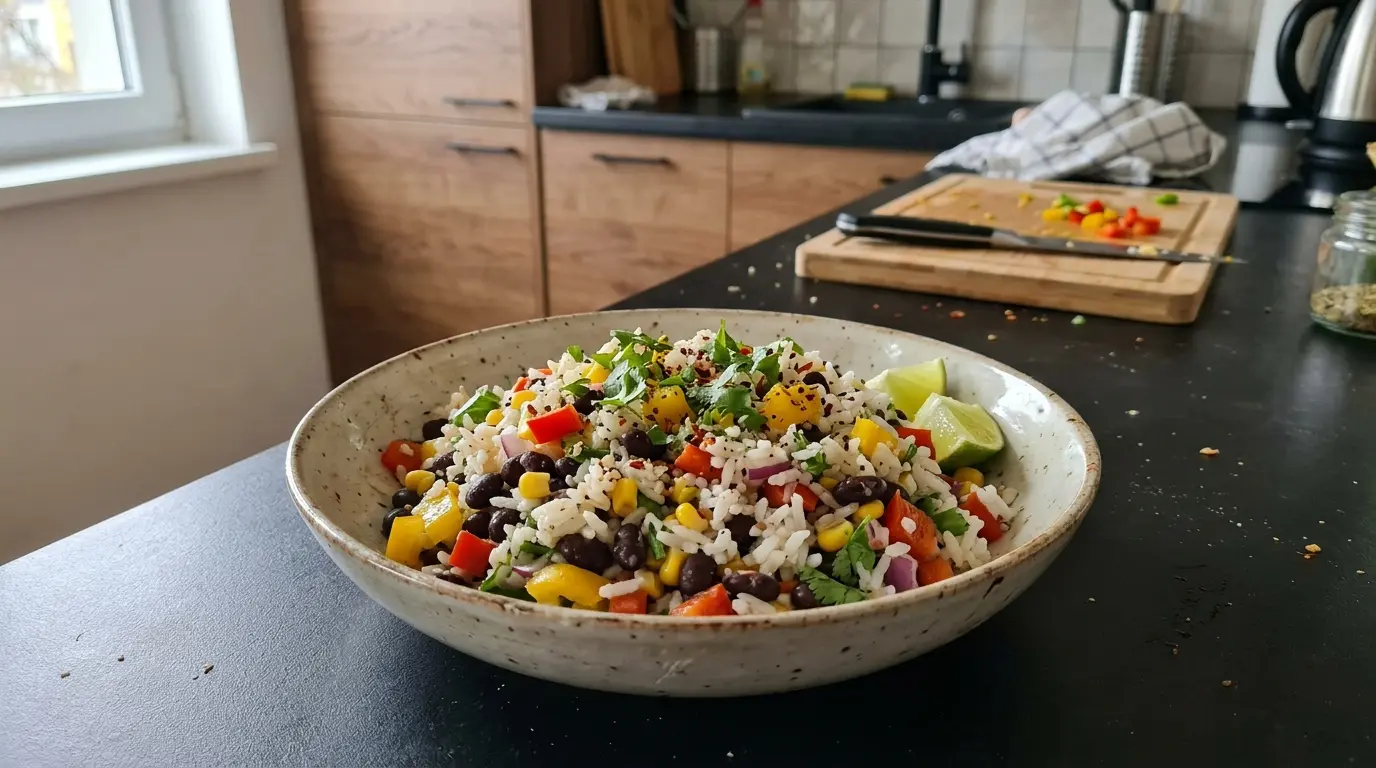 Ensalada de arroz z fasolą, papryką i limonką