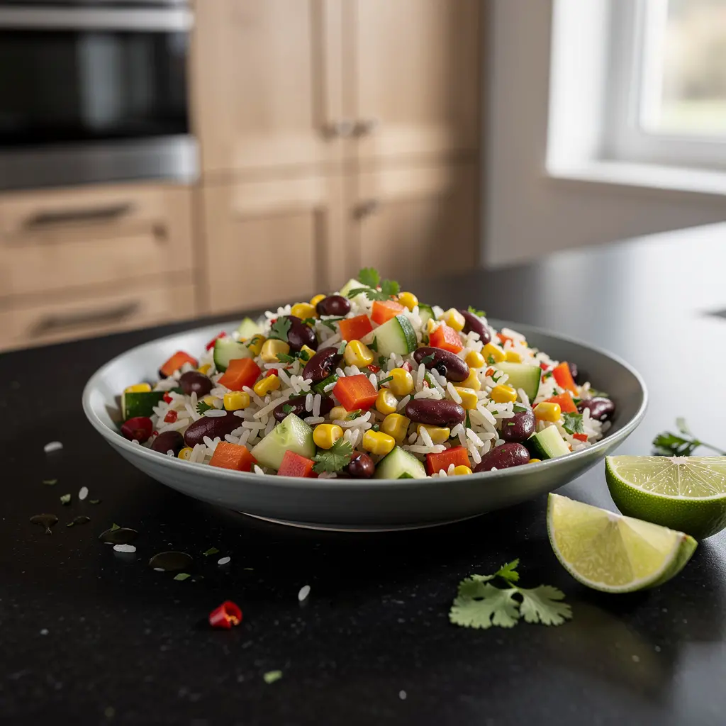 Ensalada de arroz z fasolą, papryką i limonką