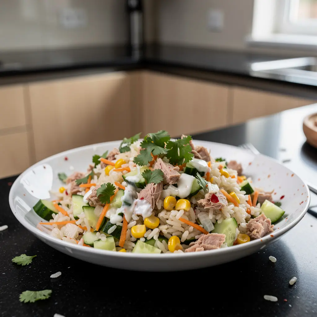 Ensalada de atún z ryżem i ogórkiem