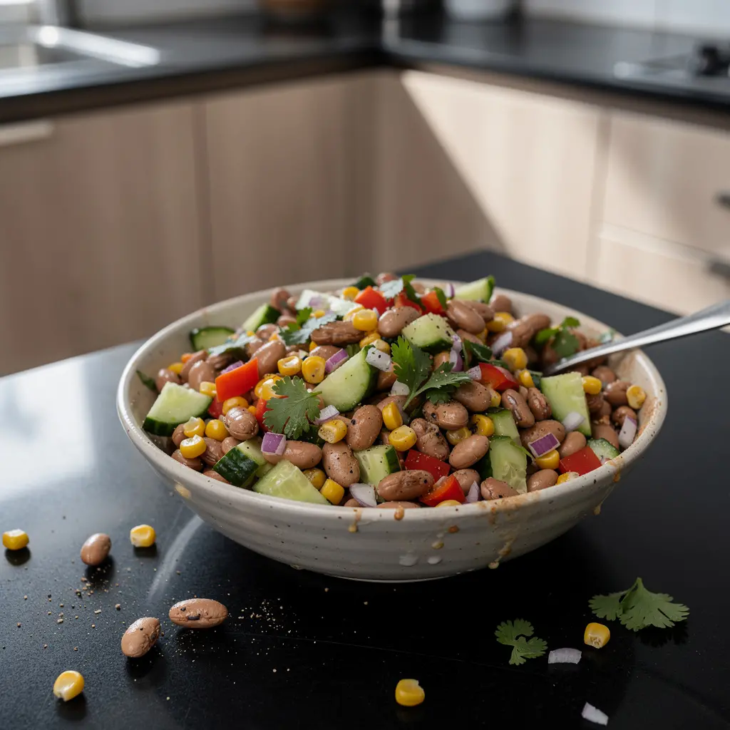 Ensalada de frijoles pintos z kukurydzą i papryką