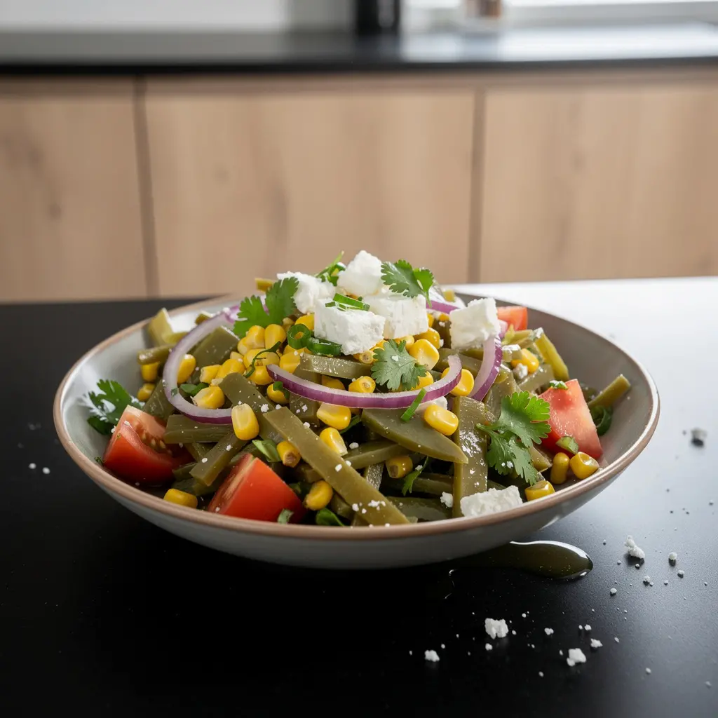 Ensalada de nopales z fetą i kukurydzą