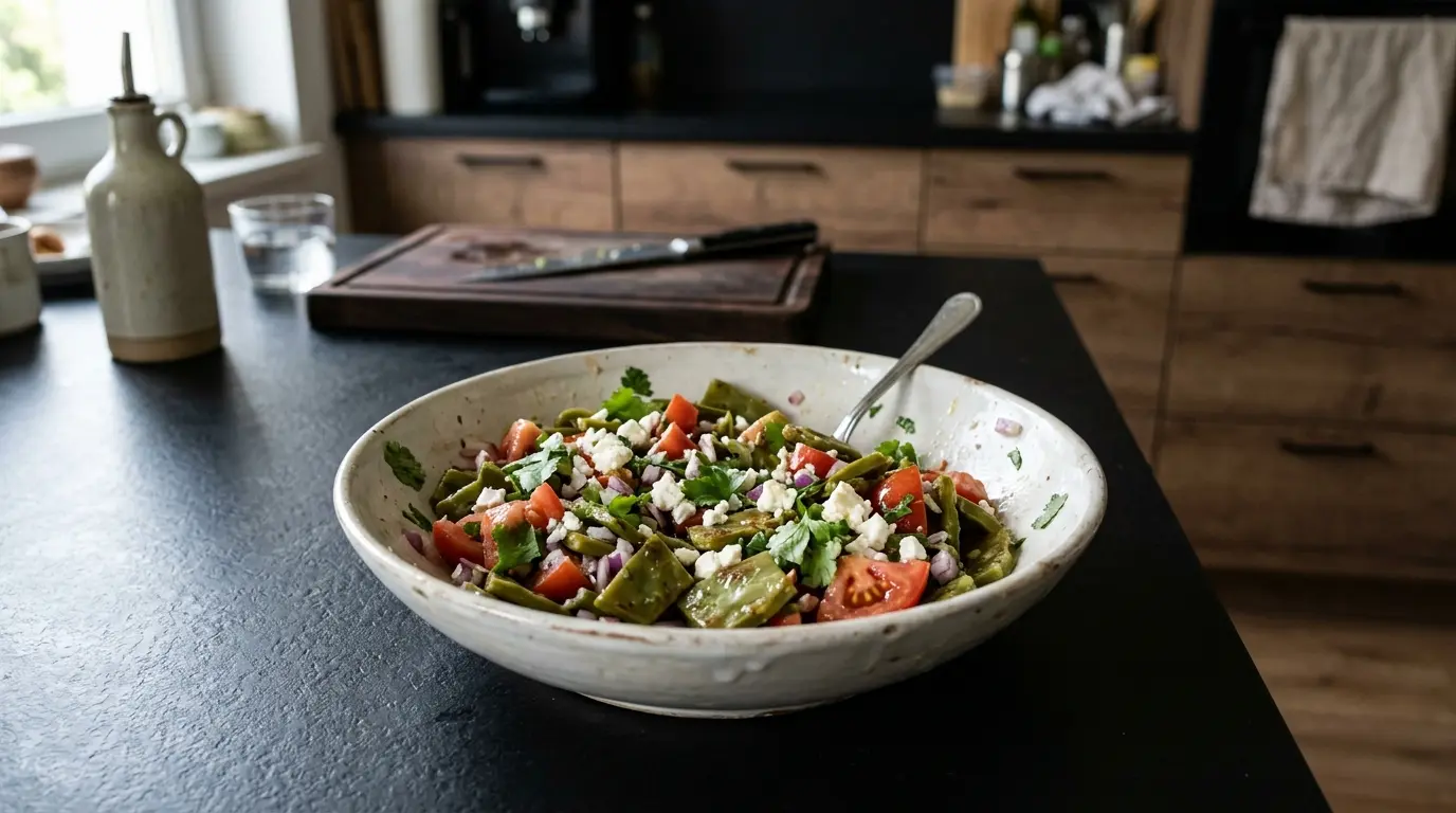 Ensalada de nopales z pomidorem, cebulą i serem feta