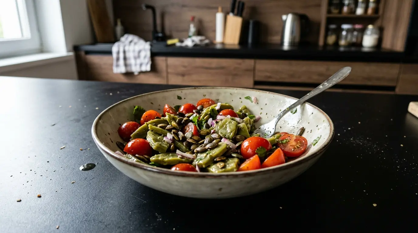 Ensalada de nopales z pomidorkami i prażonymi pestkami dyni