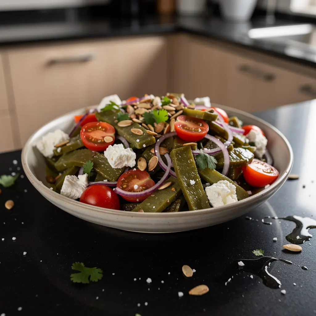 Ensalada de nopales z pomidorkami i prażonymi pestkami dyni