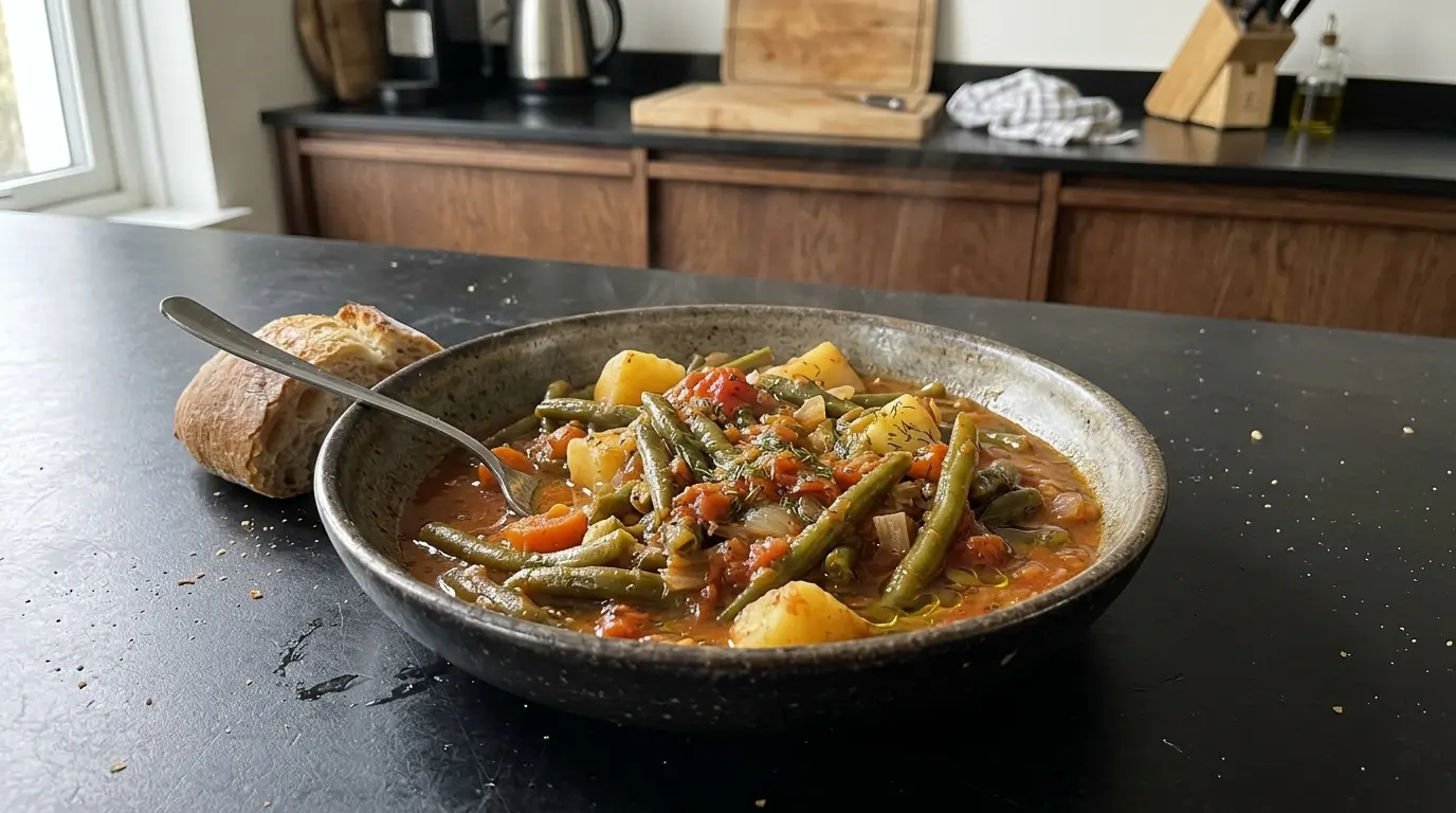 Fasolakia ladera – grecka duszona fasolka szparagowa w pomidorach