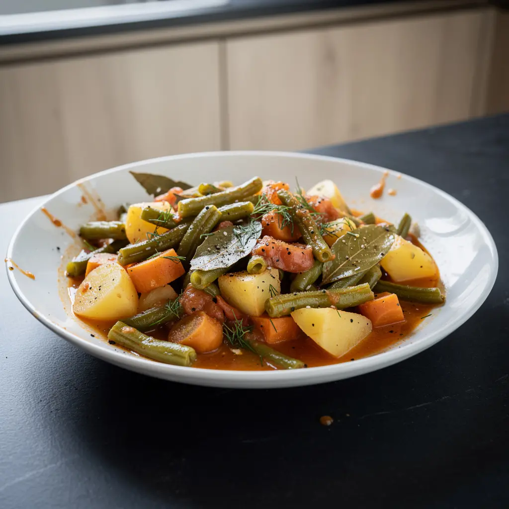 Fasolakia ladera – grecka duszona fasolka szparagowa w pomidorach