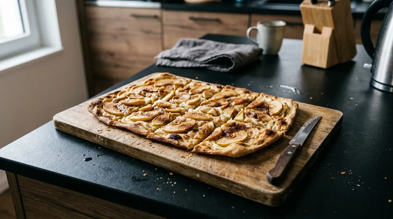Flammekueche sucrée – tarta fina alsaciana dulce con manzanas y crème fraîche