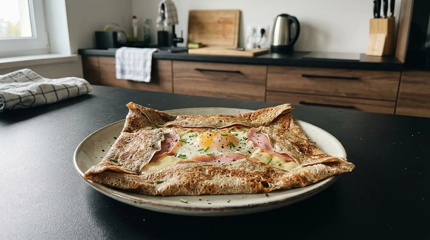 Galette bretońska z serem, szynką i jajkiem