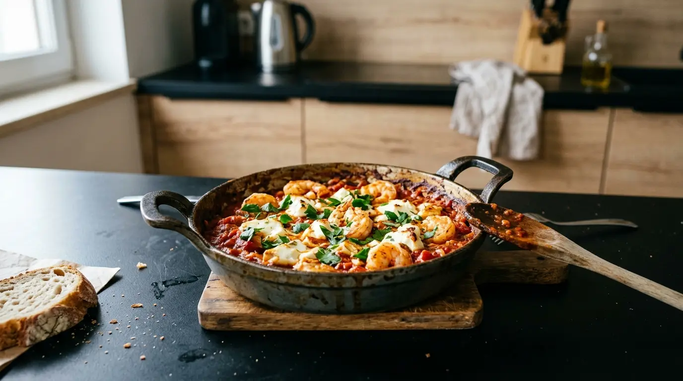 Garides saganaki – krewetki w sosie pomidorowym z fetą