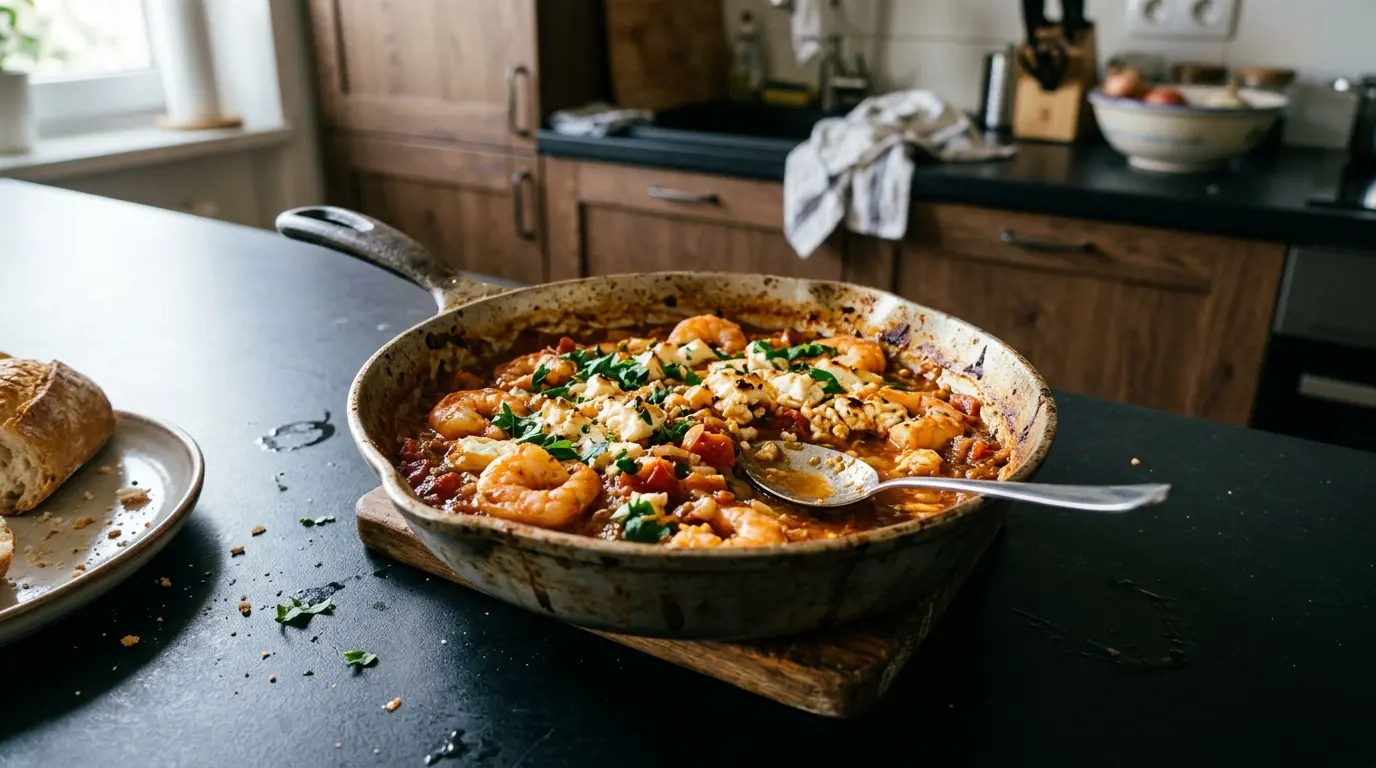 Garides saganaki – krewetki w sosie pomidorowym z fetą