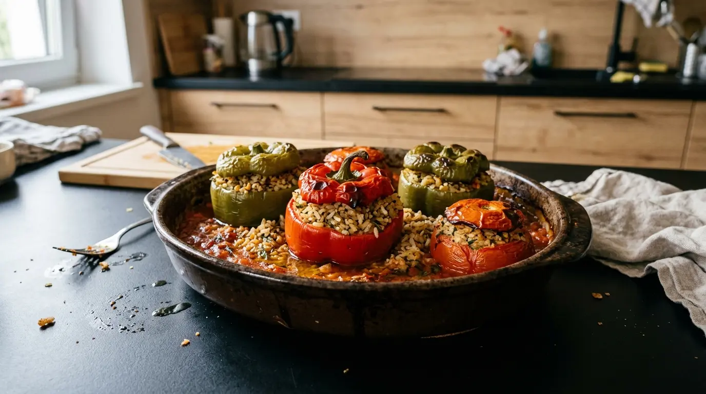 Gemista – pieczone greckie papryki i pomidory faszerowane ryżem