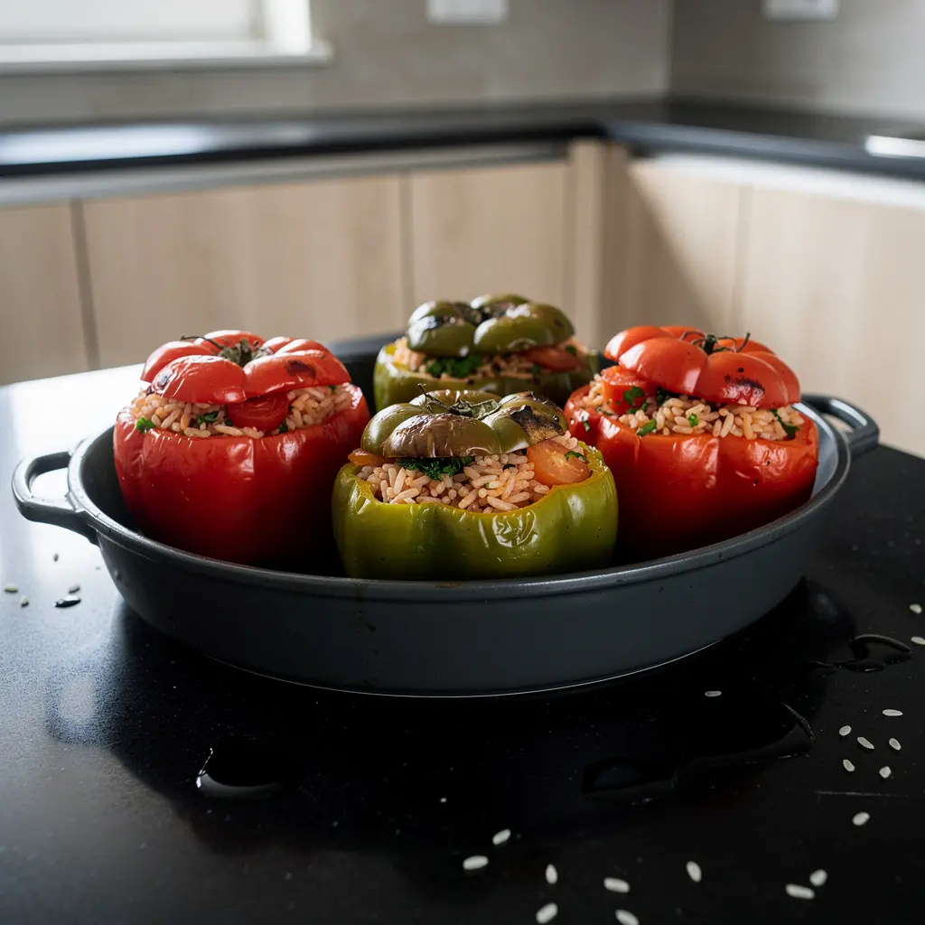 Gemista – pieczone greckie papryki i pomidory faszerowane ryżem