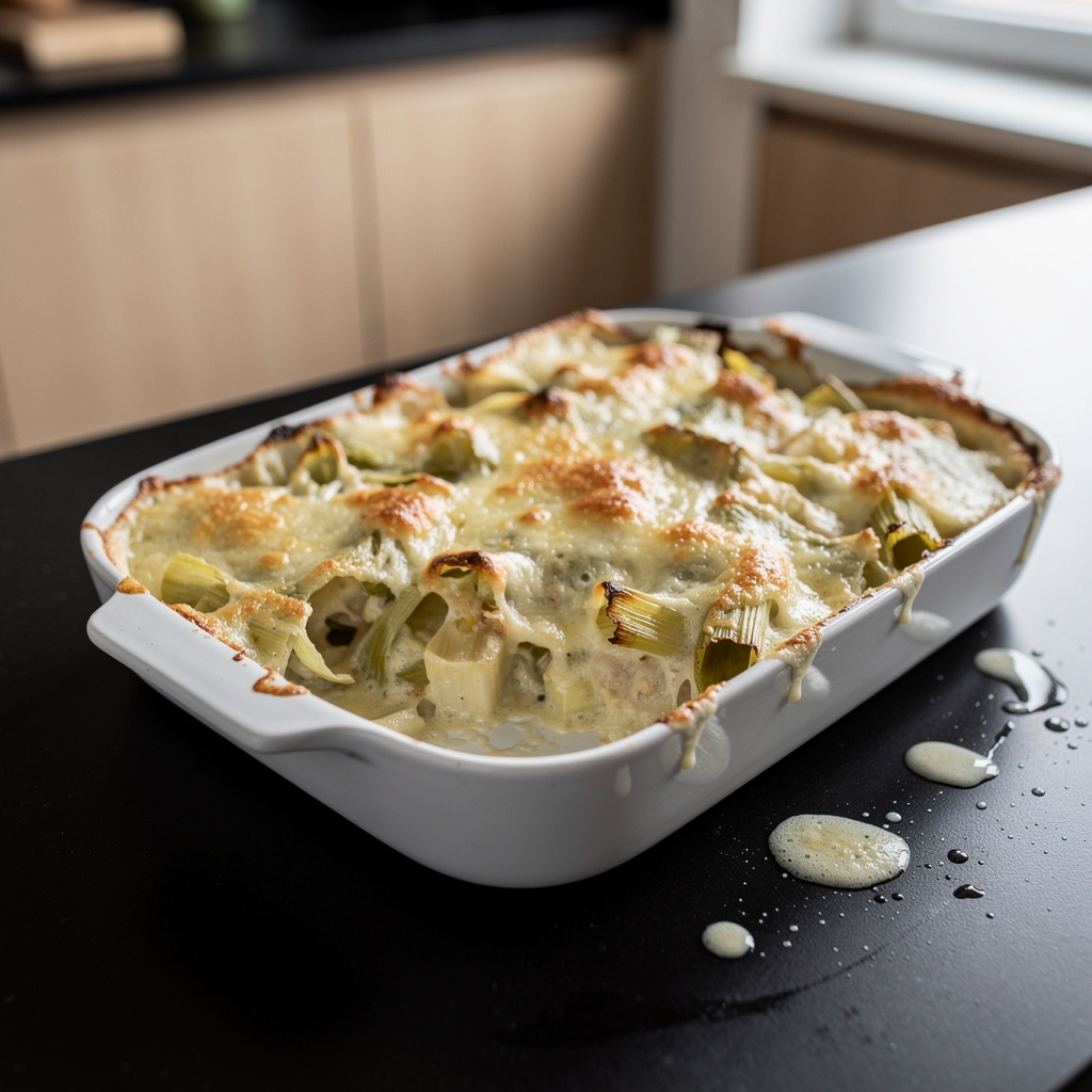 Leek gratin in creamy cheese sauce