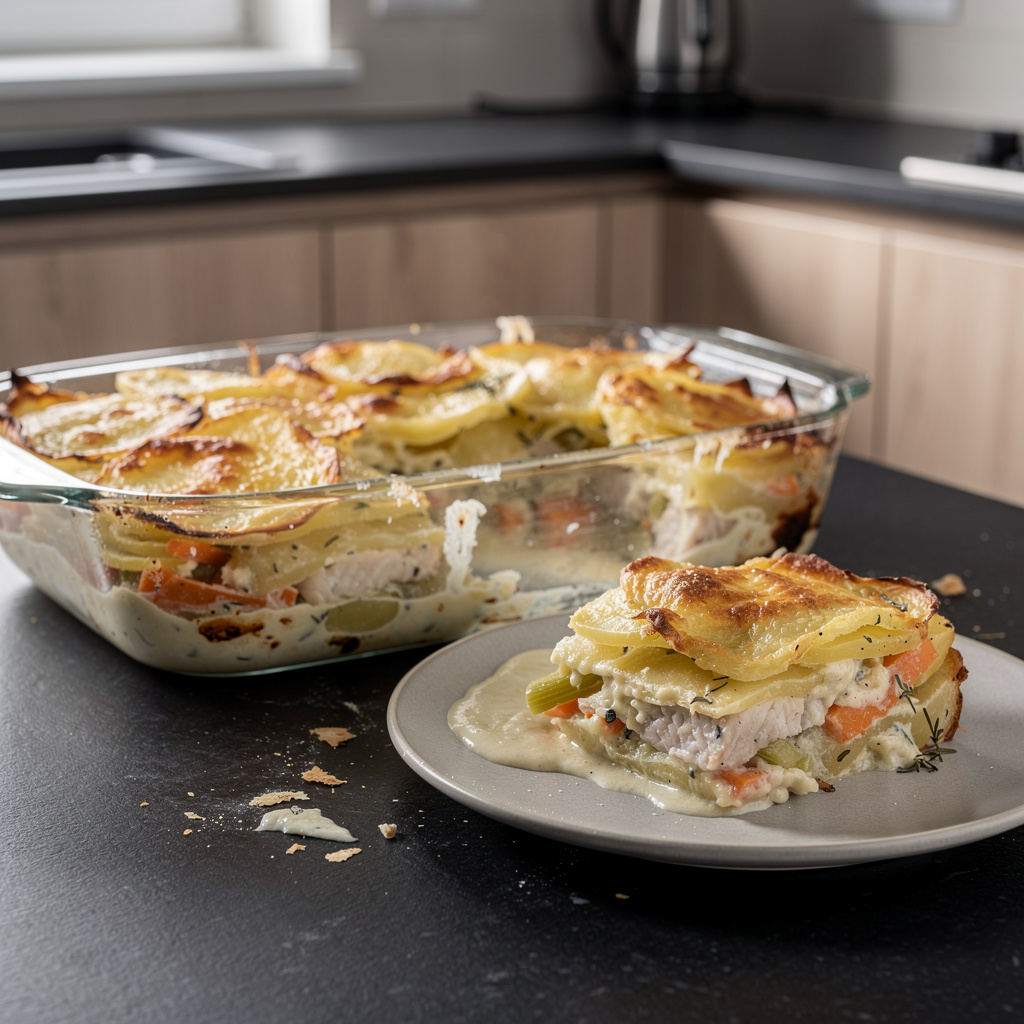 Gratin de poisson – fish casserole with vegetables and cheese