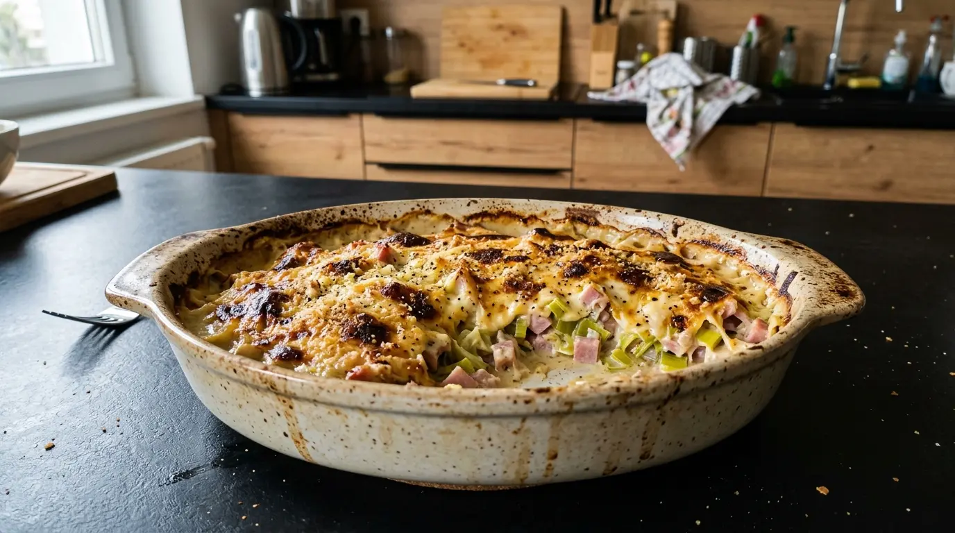 Gratin z porów i szynki w sosie serowym