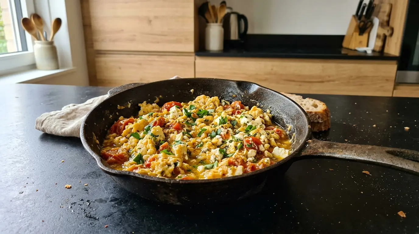 Grecka jajecznica strapatsada z pomidorami i fetą