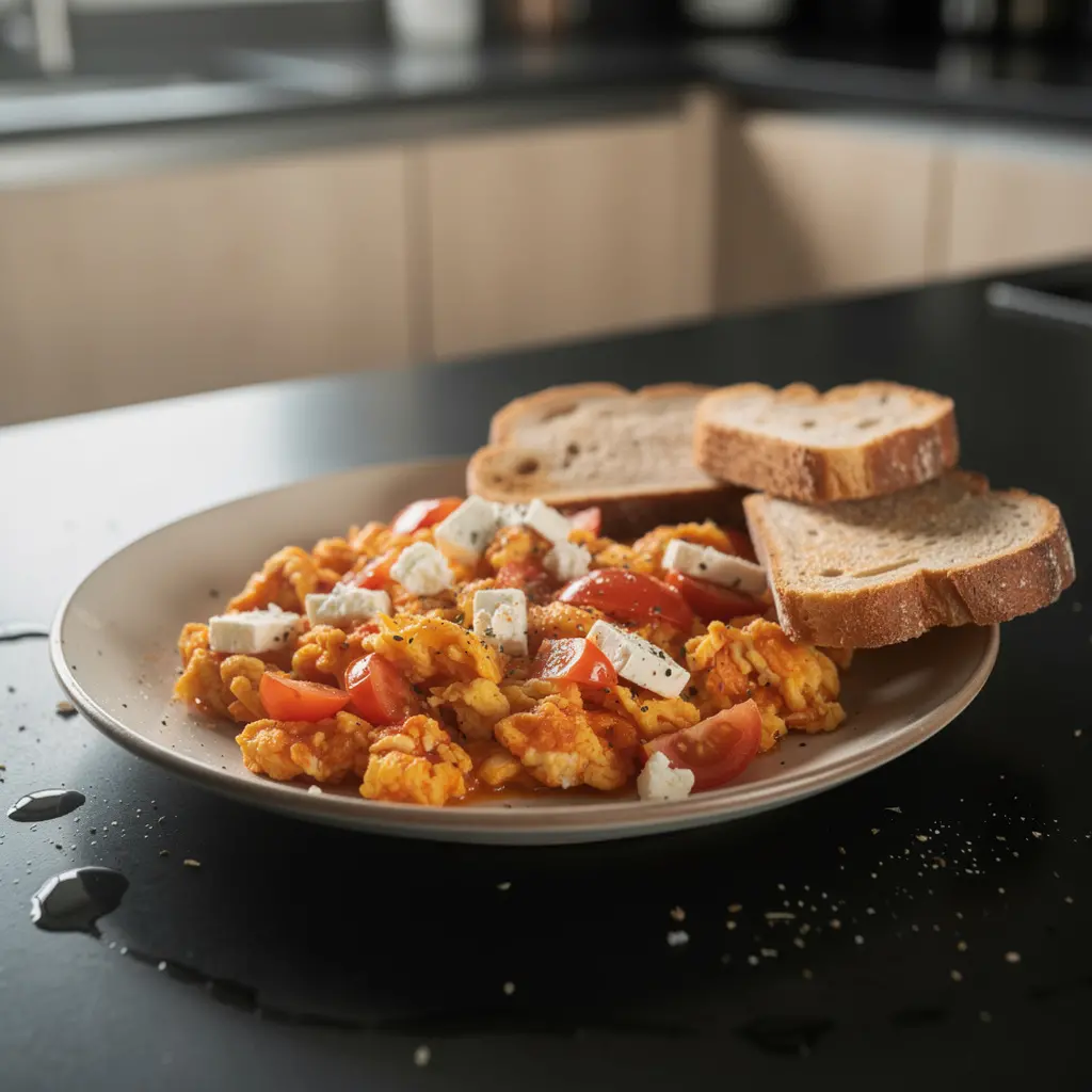 Grecka jajecznica strapatsada z pomidorami i fetą