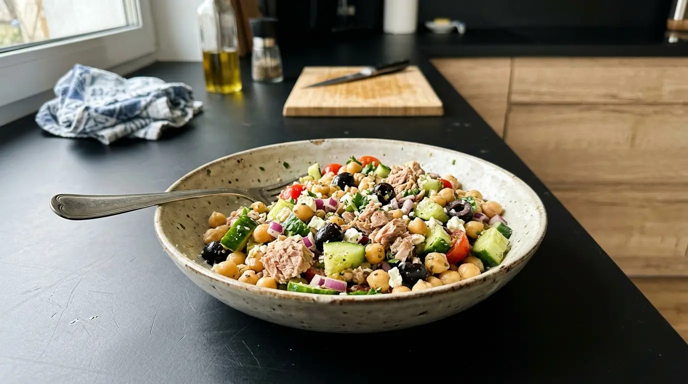 Greek Salad with Chickpeas and Tuna