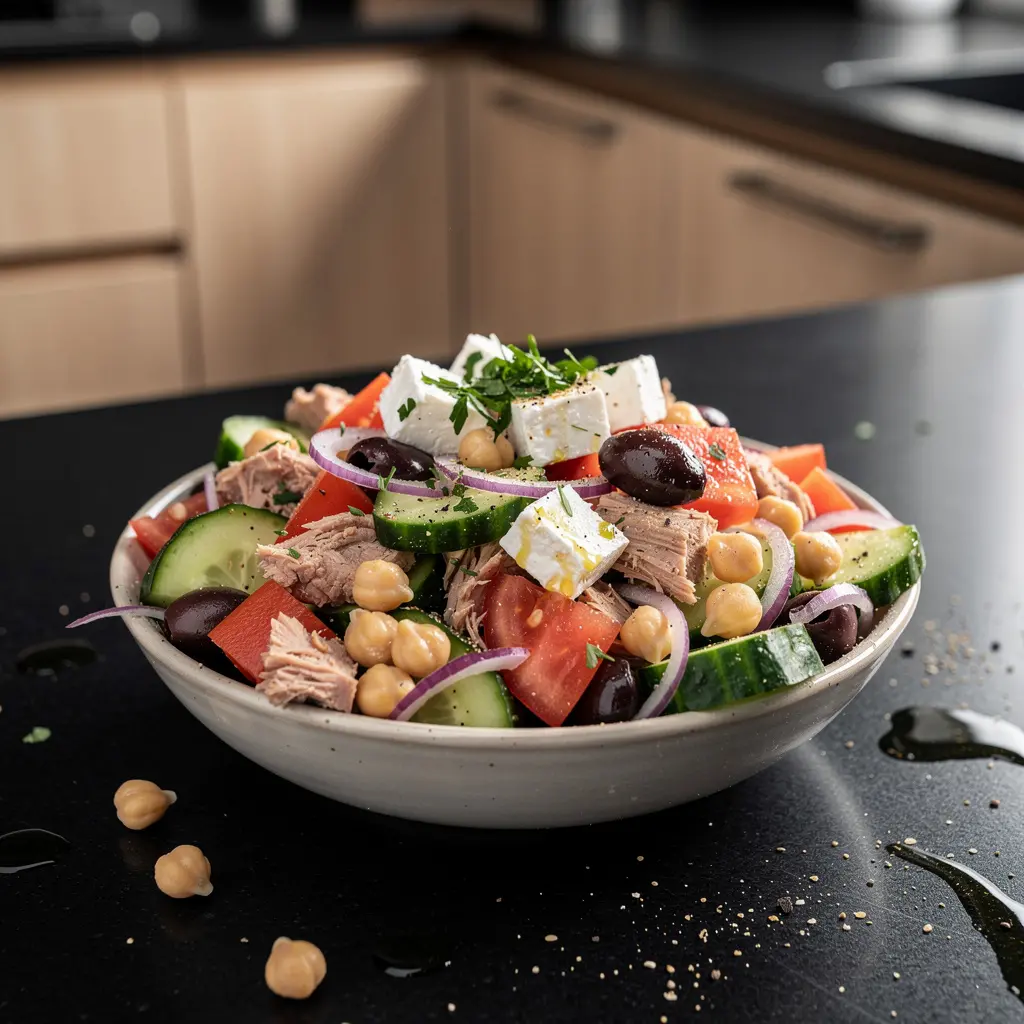 Grecka sałatka z ciecierzycą i tuńczykiem