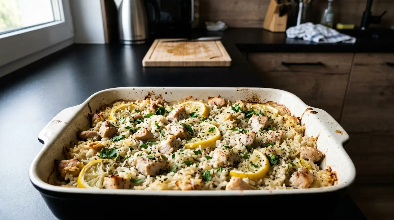 Grecka zapiekanka z kurczakiem, ryżem i cytryną