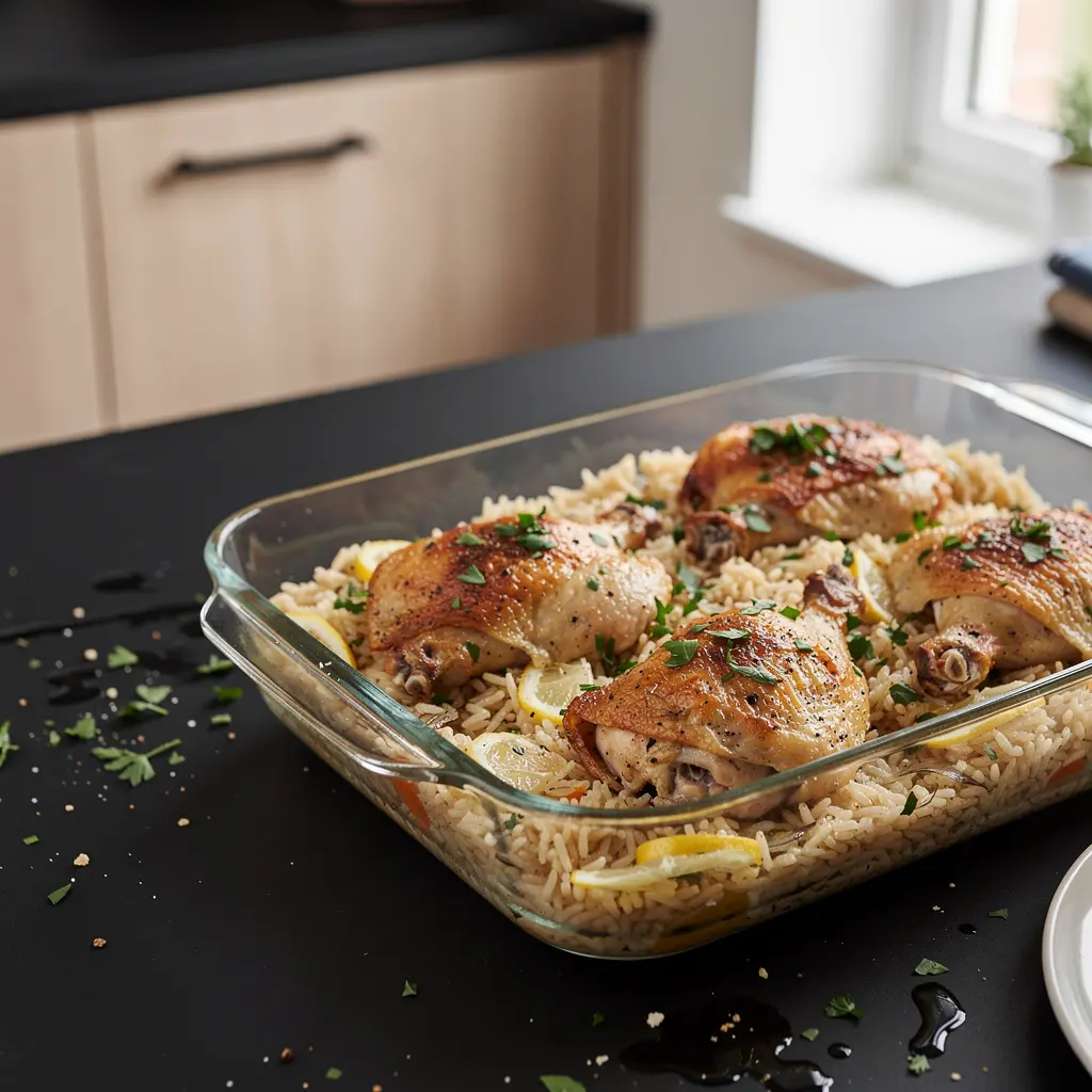 Grecka zapiekanka z kurczakiem, ryżem i cytryną