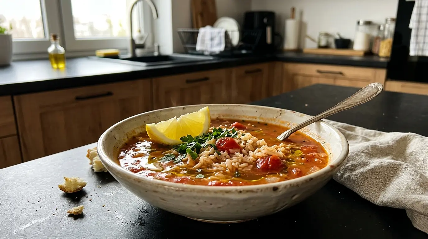 Grecka zupa pomidorowa z ryżem i cytryną