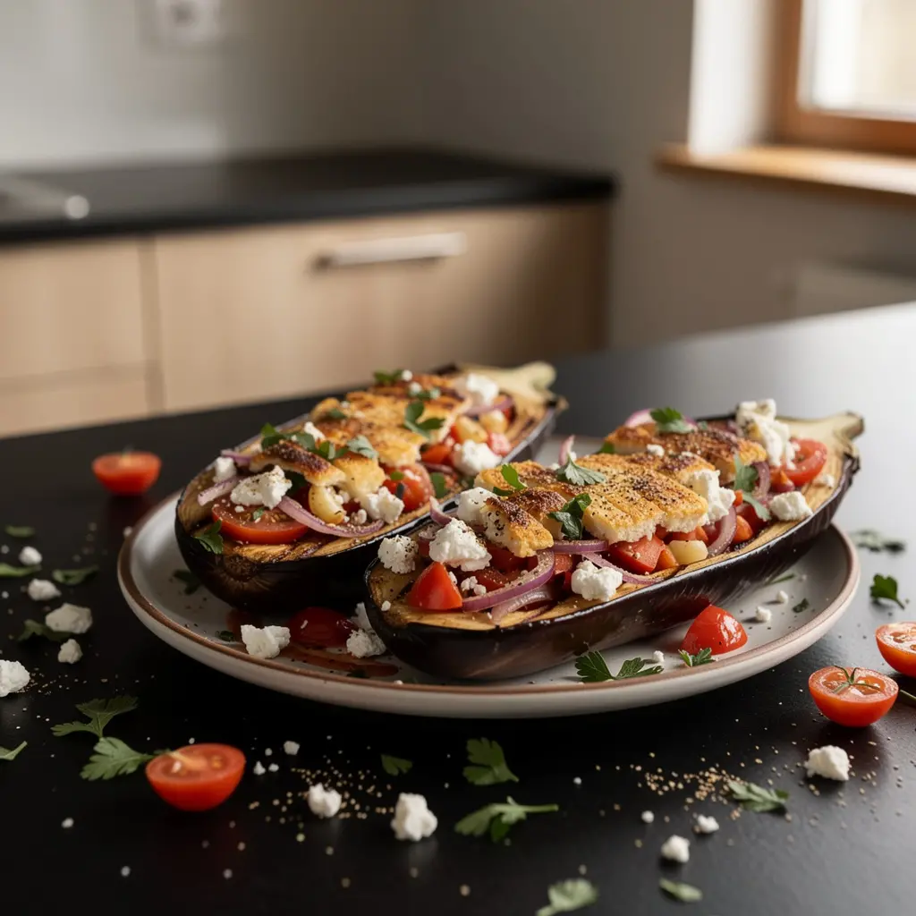 Greckie pieczone bakłażany z fetą i pomidorami