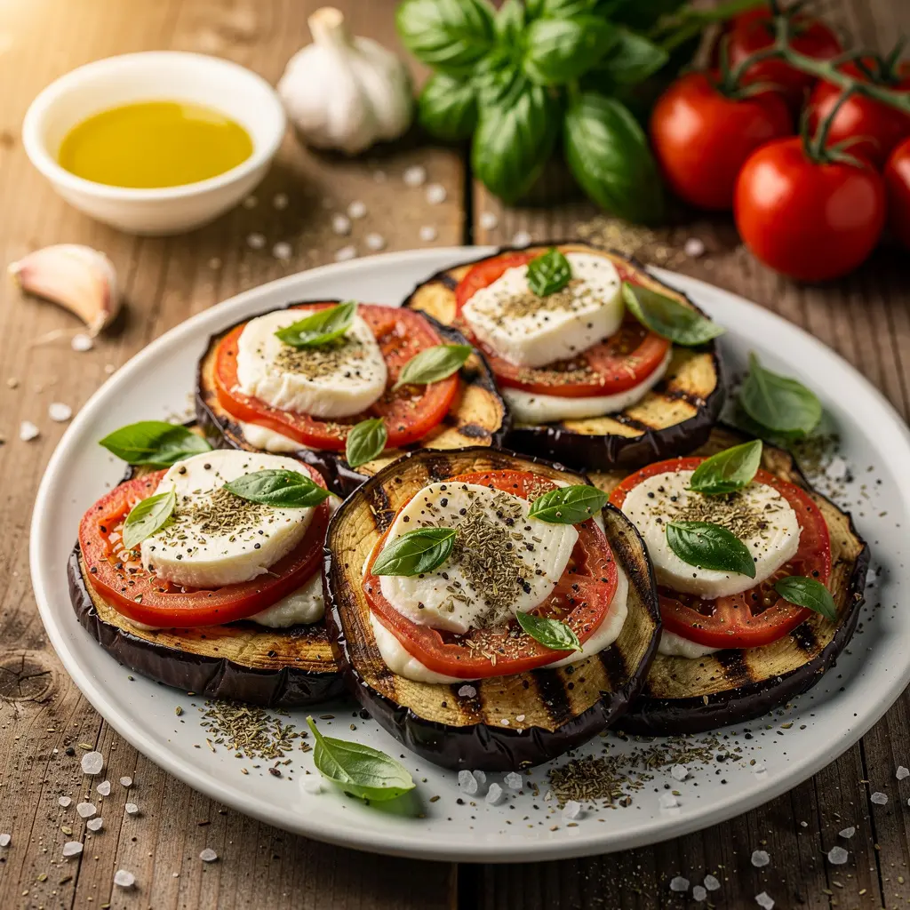 Berenjenas a la parrilla con mozzarella y tomate