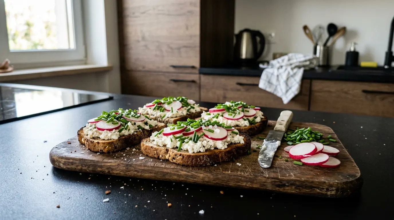Tostadas con requesón, rabanito y cebollino